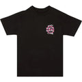 A black short-sleeve crewneck t-shirt featuring the 'Anti Social Social Club' logo printed in white and pink on the left chest, displayed on a solid white background.