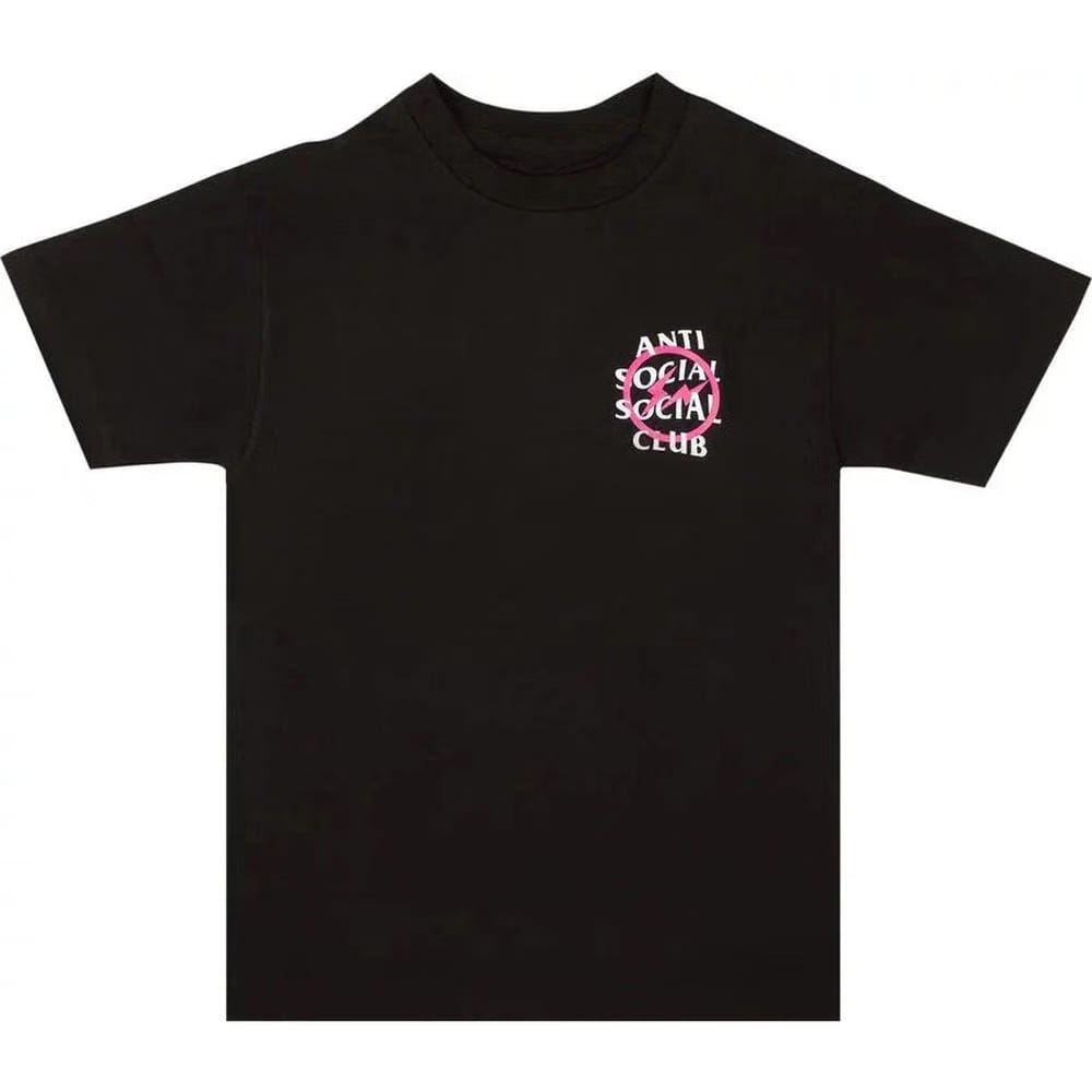 A black short-sleeve crewneck t-shirt featuring the 'Anti Social Social Club' logo printed in white and pink on the left chest, displayed on a solid white background.