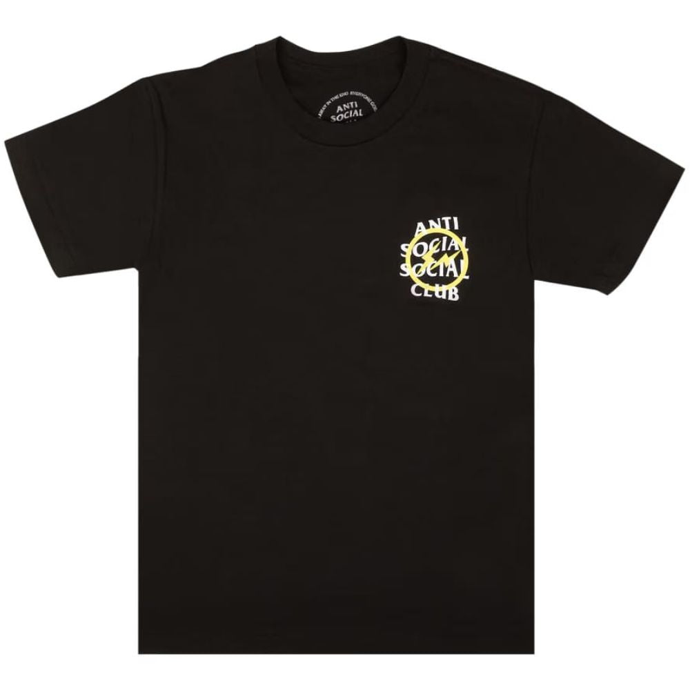 A black short-sleeve t-shirt with a yellow and white circular graphic on the left chest reading 'ANTI SOCIAL CLUB'.