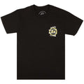 A black short-sleeve t-shirt with a yellow and white circular graphic on the left chest reading 'ANTI SOCIAL CLUB'.