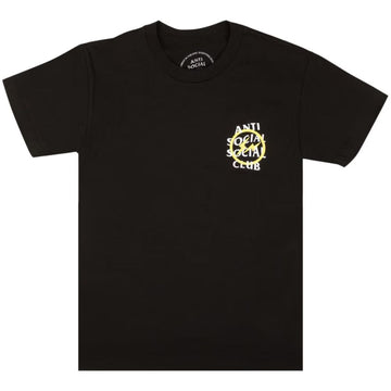 A black short-sleeve t-shirt with a yellow and white circular graphic on the left chest reading 'ANTI SOCIAL CLUB'.