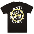 A black short-sleeve t-shirt with a large graphic on the back featuring the text 'ANTI SOCIAL SOCIAL CLUB' in white, crossed out by a yellow circle and lightning bolt.