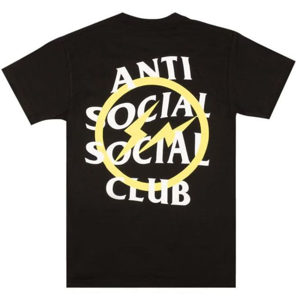 A black short-sleeve t-shirt with a large graphic on the back featuring the text 'ANTI SOCIAL SOCIAL CLUB' in white, crossed out by a yellow circle and lightning bolt.