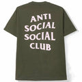 An olive green short-sleeve t-shirt shown from the back, featuring the text 'ANTI SOCIAL SOCIAL CLUB' printed in a light pink, arched font across the center.