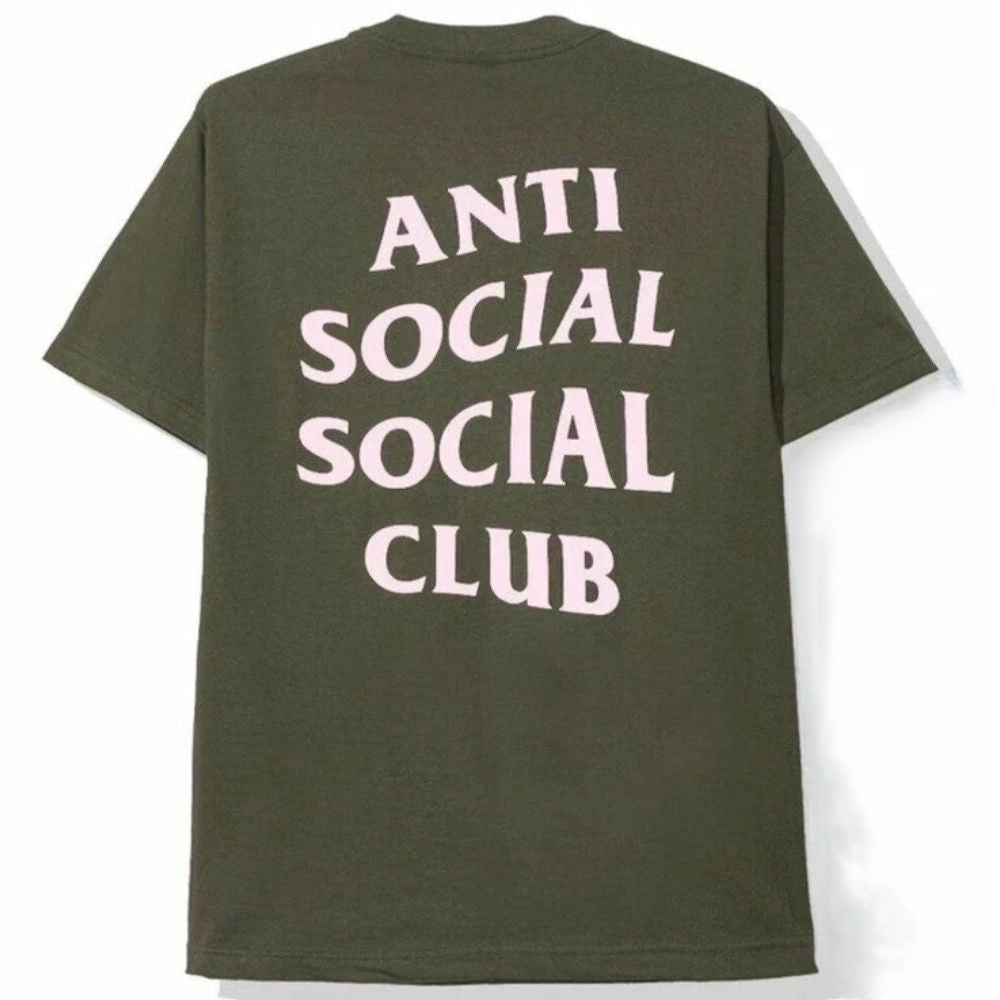 An olive green short-sleeve t-shirt shown from the back, featuring the text 'ANTI SOCIAL SOCIAL CLUB' printed in a light pink, arched font across the center.