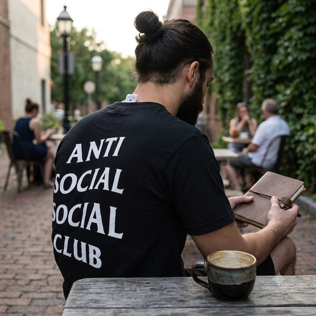 A black short-sleeve t-shirt shown from the back, featuring the text 'ANTI SOCIAL SOCIAL CLUB' printed in large, bold white letters.