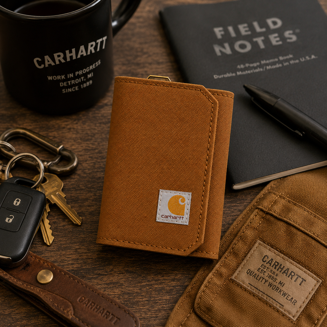 A brown canvas bifold wallet with a white Carhartt brand patch on the lower right corner, shown against a plain white background.
