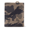 A canvas bi-fold wallet featuring a dark camouflage pattern in shades of brown, gray, and black, with a small brass ring at the top, shown on a plain white background.