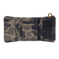 A small camouflage-patterned wallet shown open, featuring a dark navy and brown camo design with multiple card slots, a vertical ID window, and a gold-tone zipper pull on a white background.