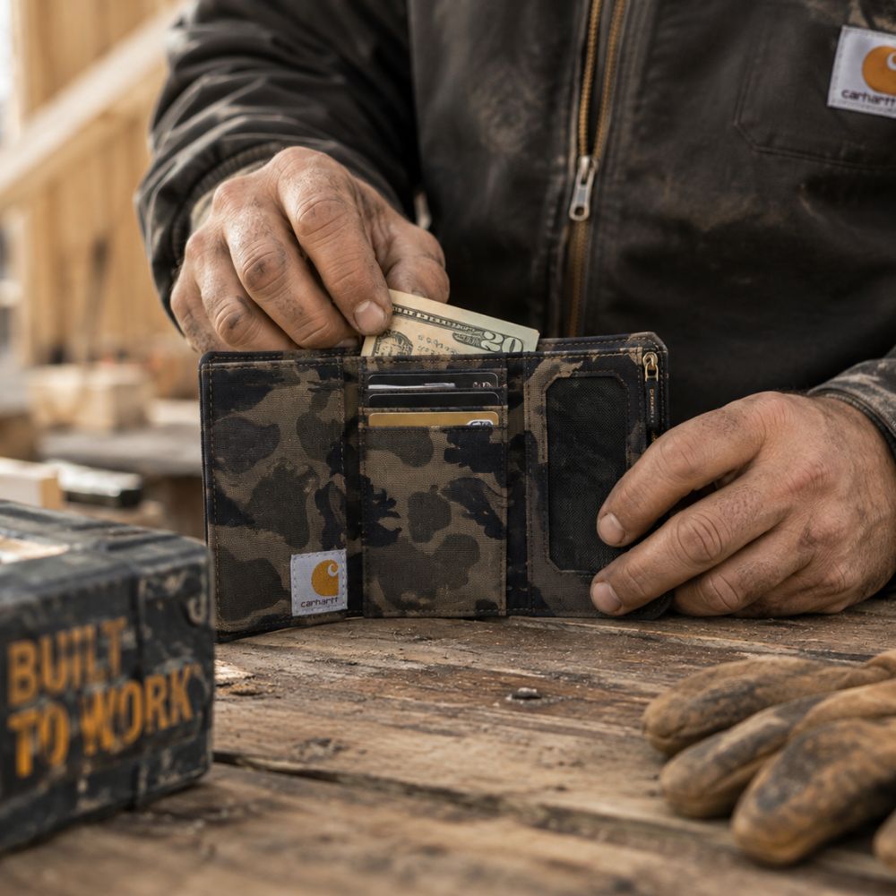 A person wearing a dark Carhartt jacket inserts cash into a camouflage bifold wallet with a transparent ID window, set on a rustic wooden workbench with work gloves and a Carhartt box nearby.