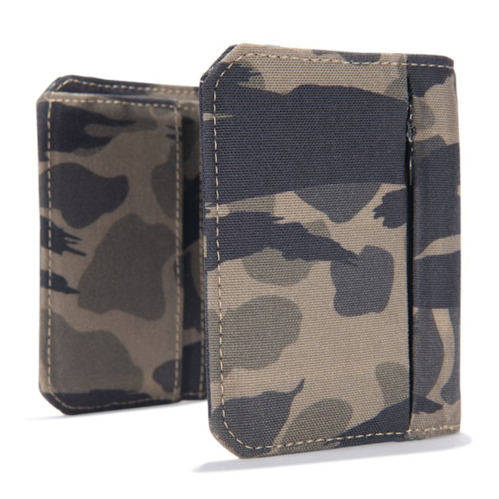 A camouflage canvas card holder wallet shown from two angles, featuring a pattern of beige, brown, and dark gray, with visible contrast stitching and a vertical zippered pocket on the front.