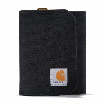 A black Carhartt canvas wallet with a white brand patch featuring the signature orange 'C' logo, shown on a clean white background.