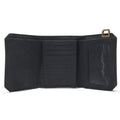A black fabric wallet shown open, featuring multiple card slots, a document pocket, and a small gold-tone metal ring on the right side, photographed against a plain white background.