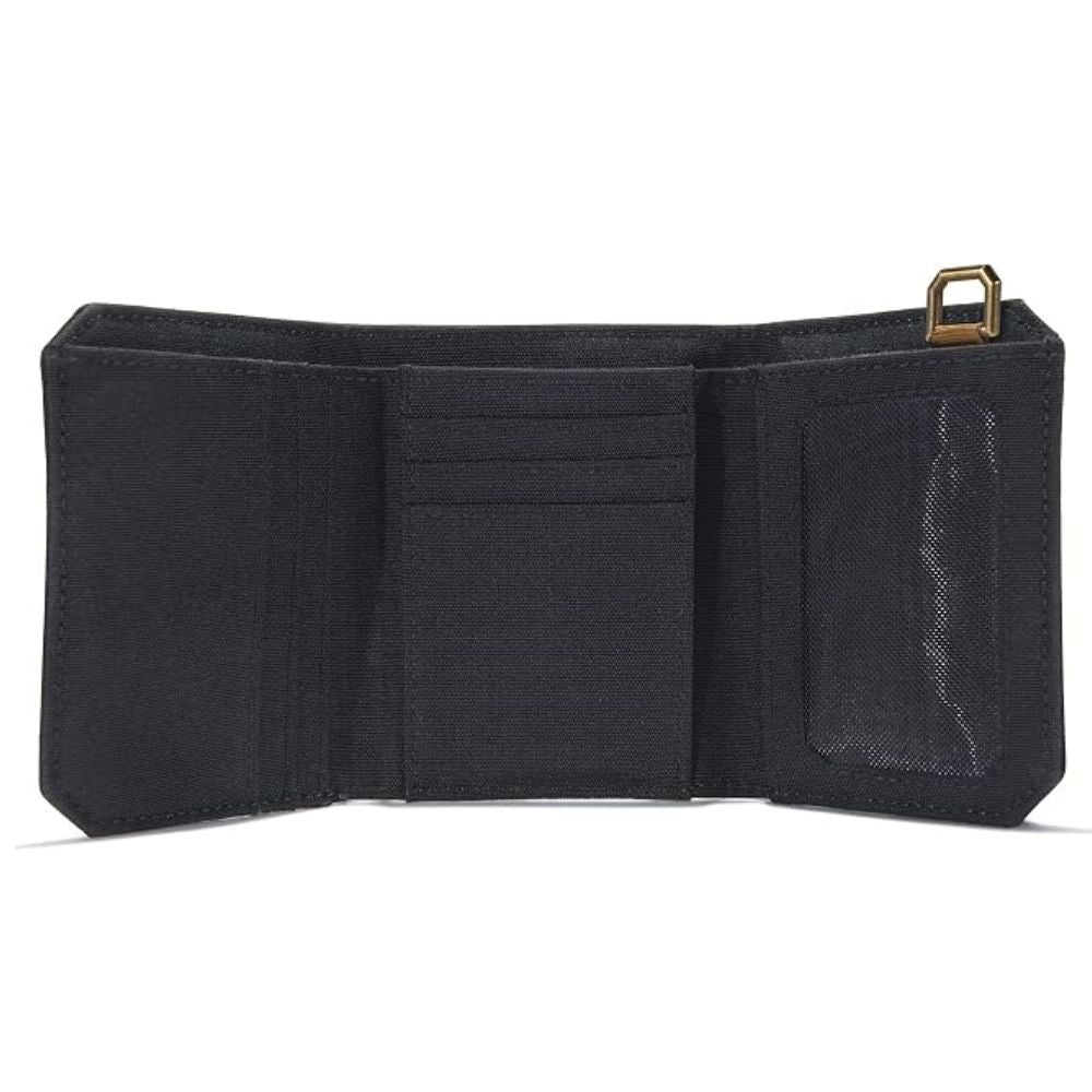 A black fabric wallet shown open, featuring multiple card slots, a document pocket, and a small gold-tone metal ring on the right side, photographed against a plain white background.