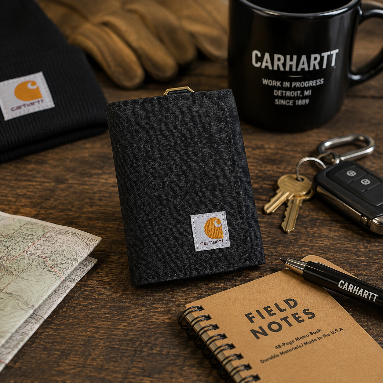 A black Carhartt bifold wallet is displayed on a wooden tabletop surrounded by branded Carhartt items, including a black mug, keys, a notebook, a pen, and another beanie. The wallet has the signature orange Carhartt logo patch on the front.