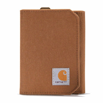 A brown canvas bifold wallet with a white Carhartt brand patch on the lower right corner, shown against a plain white background.