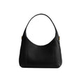 A black leather hobo shoulder bag with a single strap and small gold-tone hardware accents, shown against a plain white background.