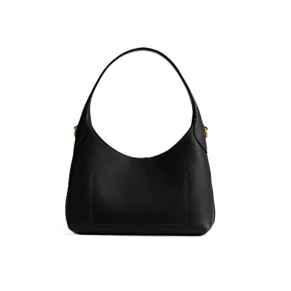A black leather hobo shoulder bag with a single strap and small gold-tone hardware accents, shown against a plain white background.