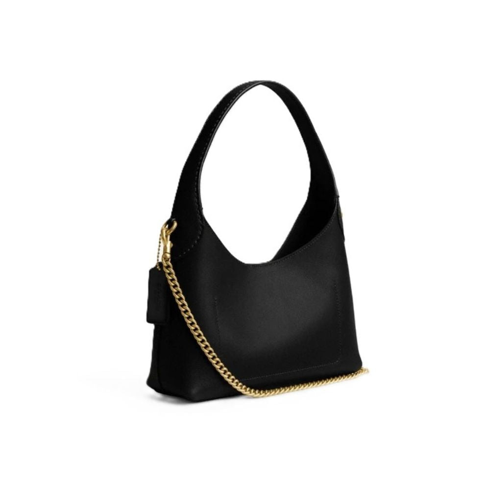 A black leather hobo shoulder bag with a gold-tone chain strap and a small black leather tag, shown on a plain white background.