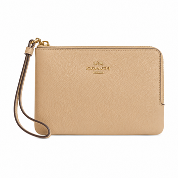 Coach Corner Double Zip Wristlet – Beige  Crossgrain Leather Wristlet Wallet with Dual Zip Compartments