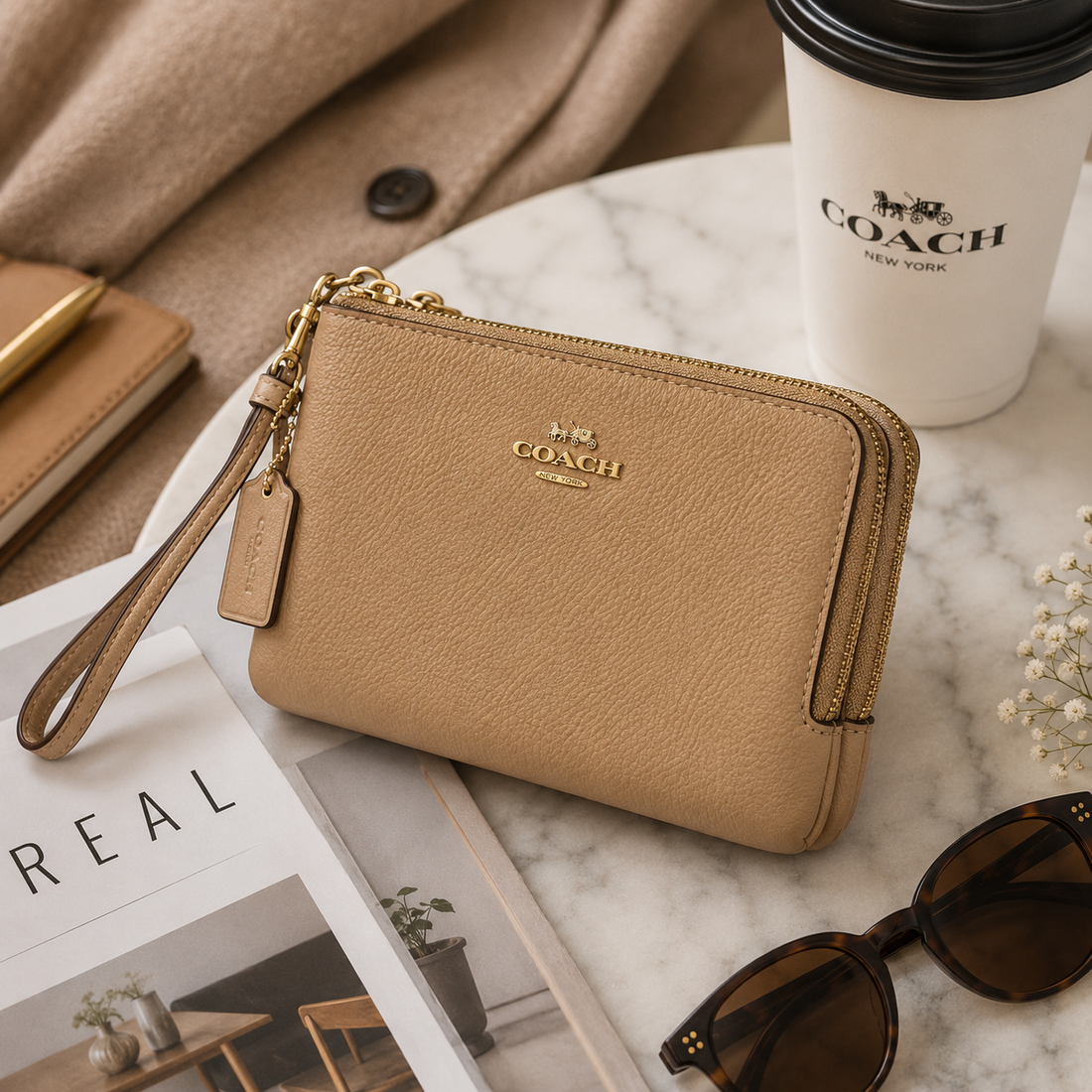 Coach Corner Double Zip Wristlet – Beige  Crossgrain Leather Wristlet Wallet with Dual Zip Compartments