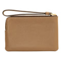 A tan pebbled leather wristlet clutch with a matching wrist strap and gold-tone zipper hardware, shown against a plain white background.