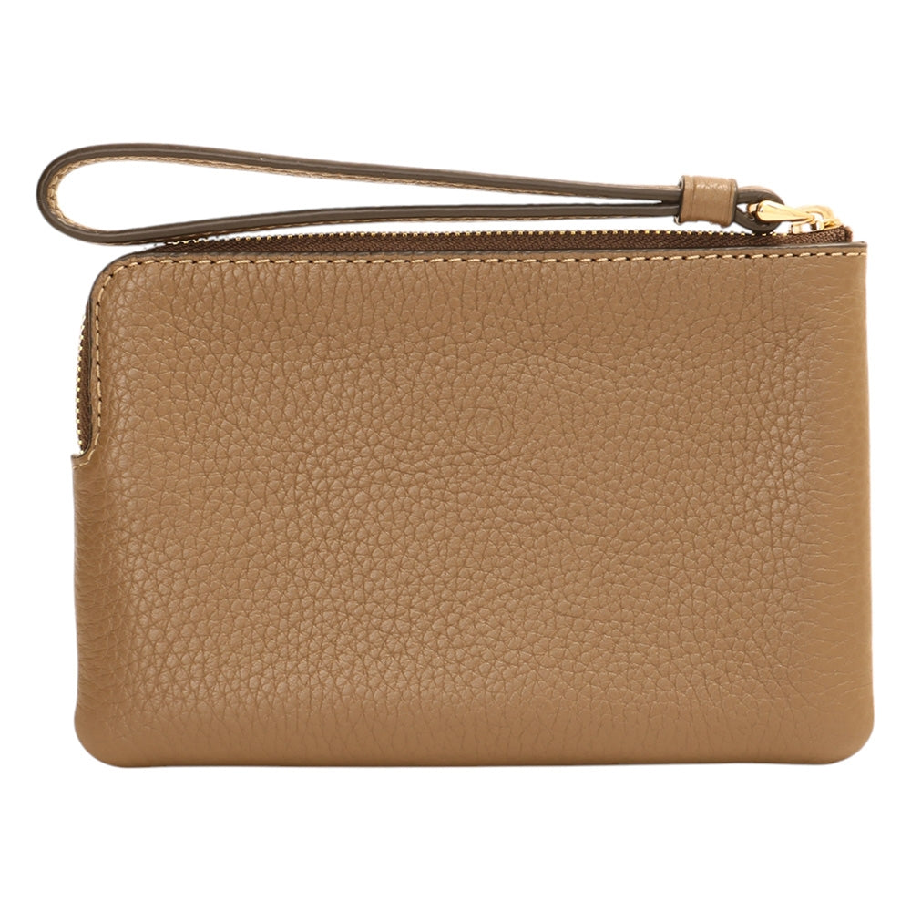A tan pebbled leather wristlet clutch with a matching wrist strap and gold-tone zipper hardware, shown against a plain white background.