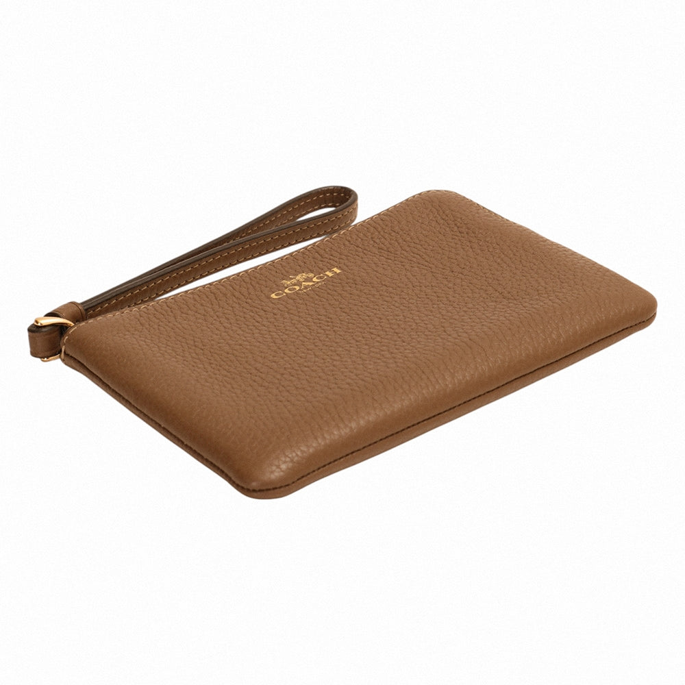 A brown pebbled leather wristlet clutch with a matching wrist strap and a small gold-tone logo embossed on the front, shown on a plain white background.