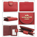 A collage showing multiple views of a red Coach wallet, including front and back, open interior, card slot, and zip compartment. The wallet has a pebbled leather finish with a gold Coach logo on the front and inside.