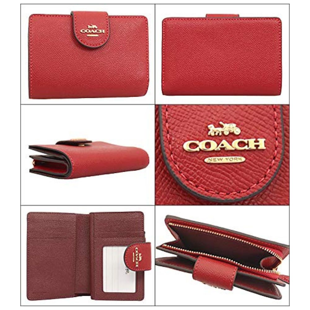 A collage showing multiple views of a red Coach wallet, including front and back, open interior, card slot, and zip compartment. The wallet has a pebbled leather finish with a gold Coach logo on the front and inside.