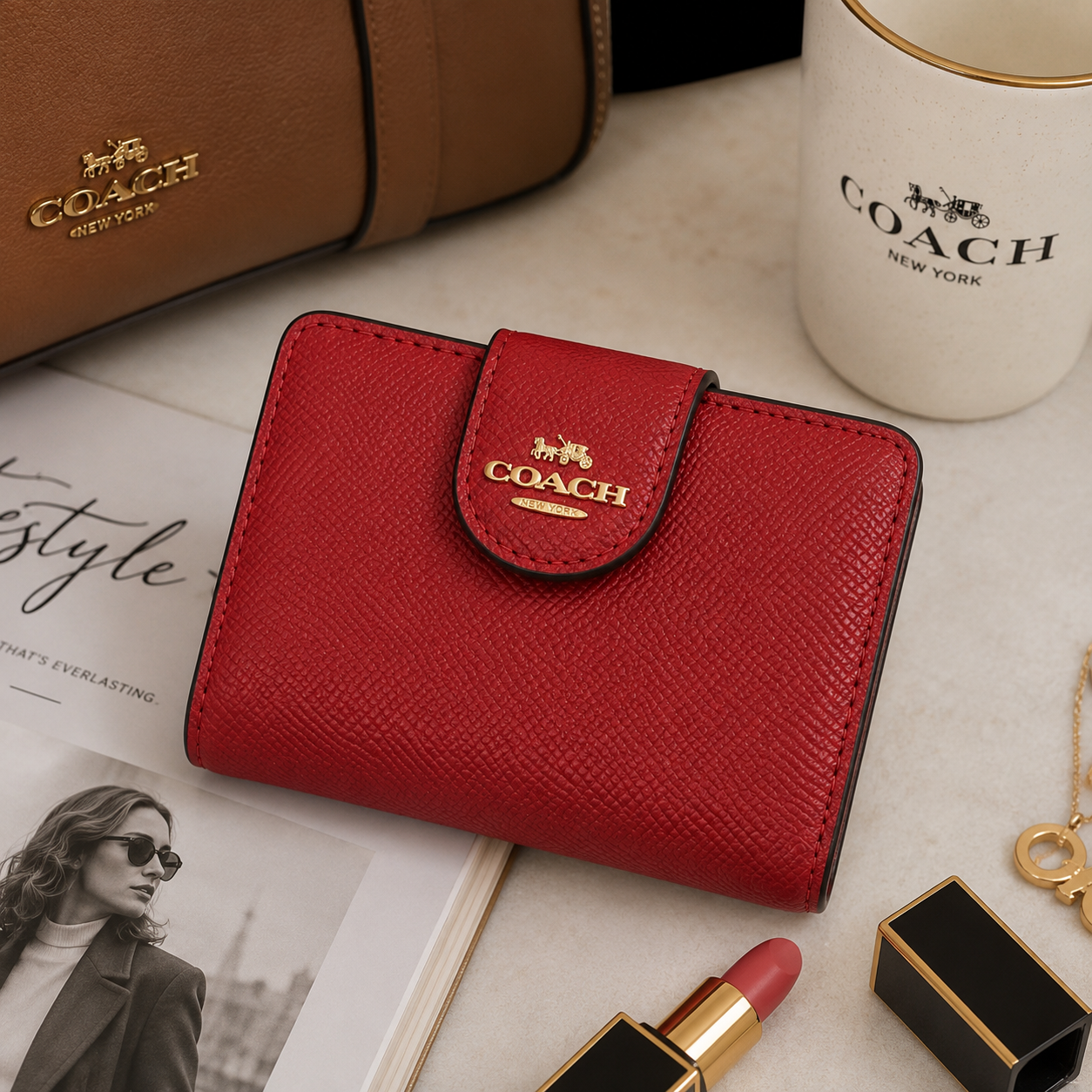 A red textured leather Coach wallet with a gold logo, styled on a tabletop with a brown Coach bag, a white Coach mug, lipstick, and other lifestyle props.