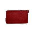 A red pebbled leather wristlet clutch with a top zipper and a small wrist strap, shown against a plain white background.