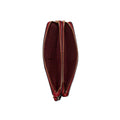 A dark red leather zip-around clutch wallet shown open against a plain white background, displaying its interior card slots and gold-toned zipper.