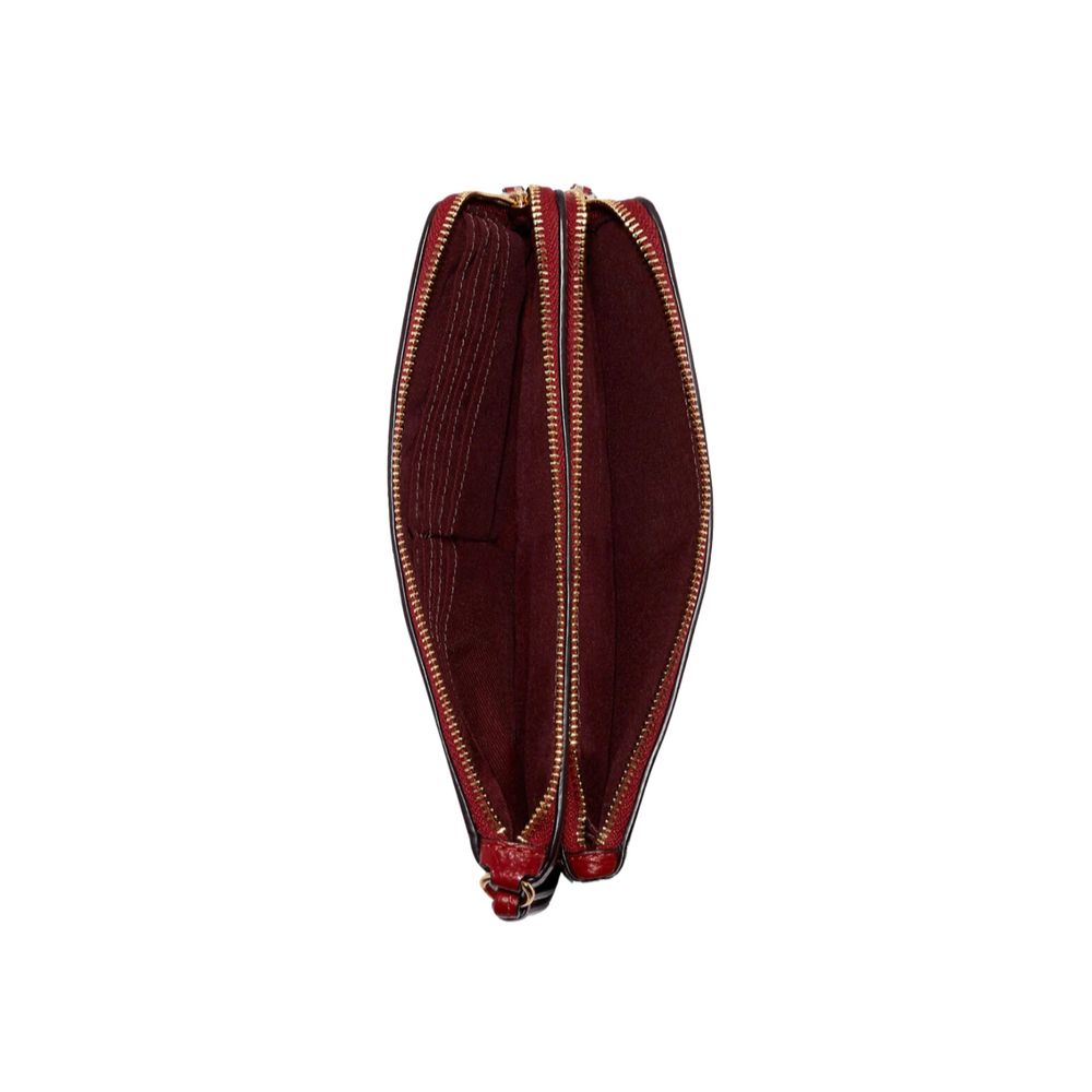 A dark red leather zip-around clutch wallet shown open against a plain white background, displaying its interior card slots and gold-toned zipper.
