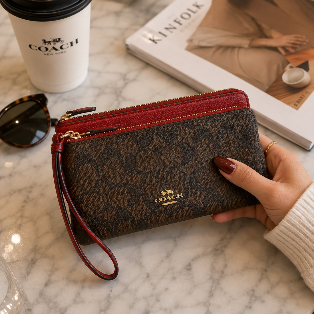 A Coach wristlet clutch in dark brown signature monogram canvas with a red pebbled leather top trim and wrist strap, featuring a gold-tone Coach logo on the front.