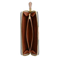 An open long zip-around wallet shown from the front, featuring a warm brown interior, multiple card slots, and gold-tone zippers and hardware on a plain white background.