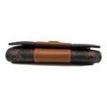 A vintage-style wallet with a dark brown and black textured pattern, accented by a smooth brown leather strap and a small gold-tone snap button.