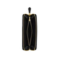 A black zip-around wallet with gold-tone metal zippers and a black pull tab, shown against a plain white background.