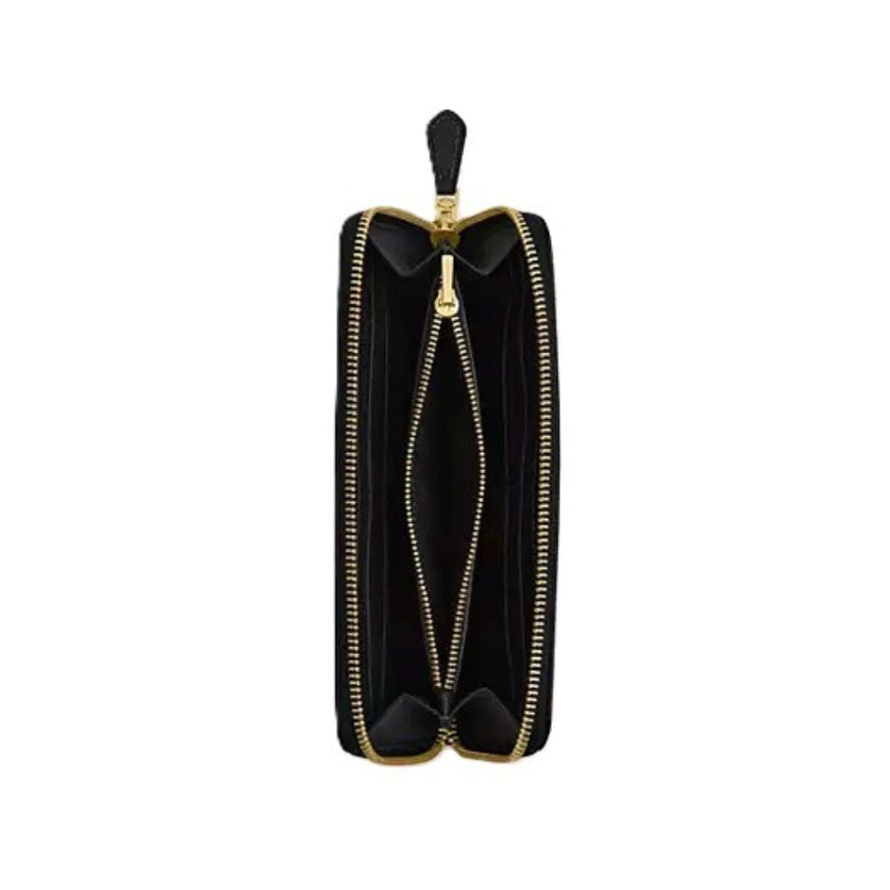 A black zip-around wallet with gold-tone metal zippers and a black pull tab, shown against a plain white background.