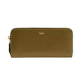A Coach zip-around wallet in olive green leather with gold-tone hardware and a gold logo on the front, shown against a plain white background.