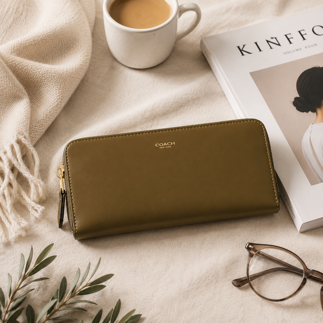 A Coach zip-around wallet in olive green leather with gold-tone hardware and a gold logo on the front, shown against a plain white background.