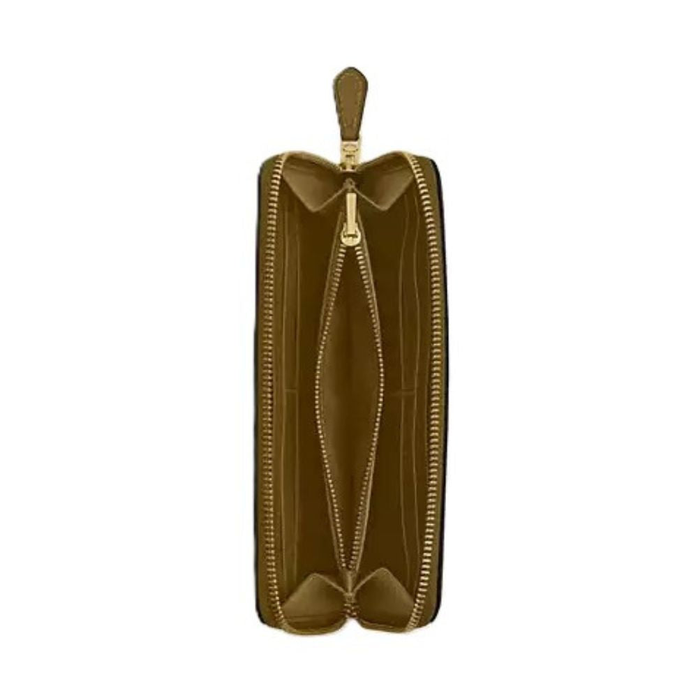 A brown leather zip-around wallet with gold-tone metal hardware, shown open against a plain white background.