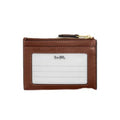 A brown leather card holder wallet with a white plastic ID window and a gold zipper pull, featuring the Coach horse logo on the front.