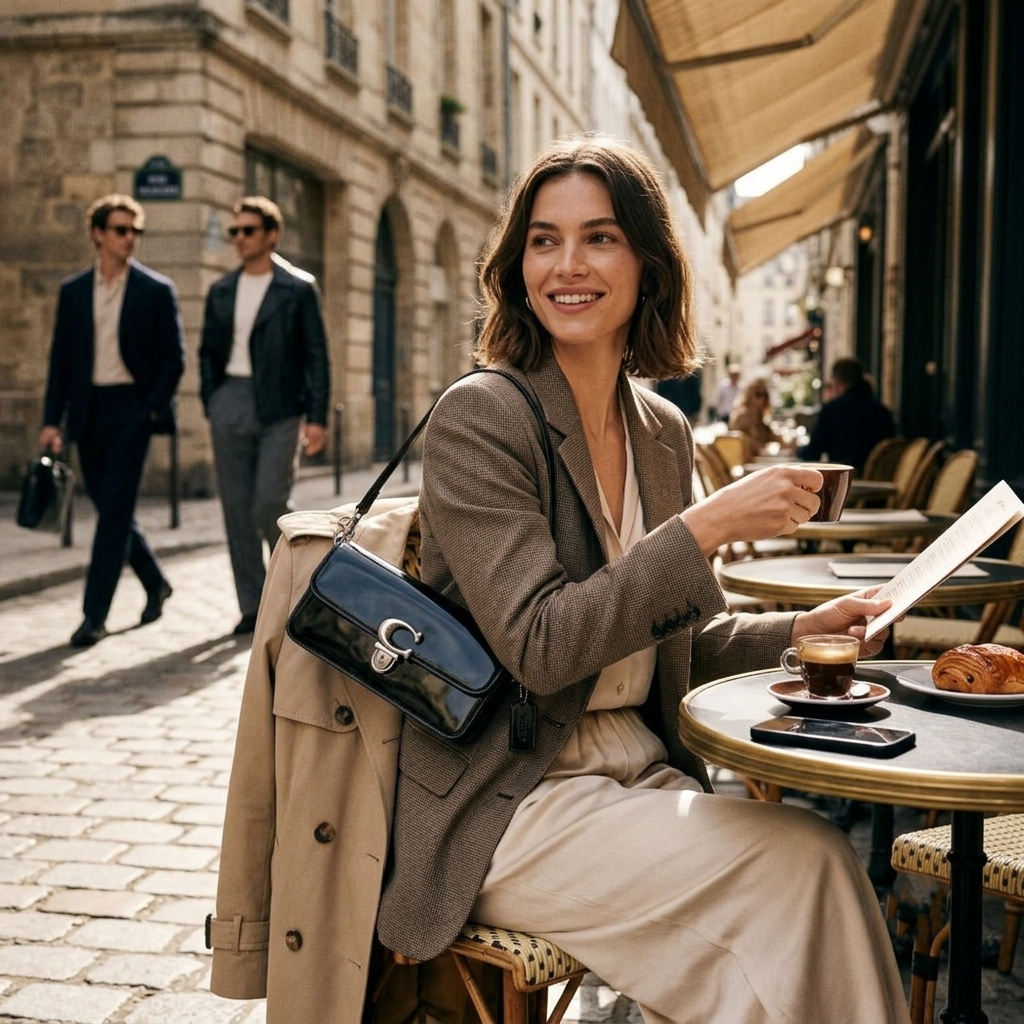 A woman sits at a Parisian-style cafe table, wearing a beige blazer and trousers, holding a coffee cup, with a black leather shoulder bag draped over her shoulder. A beige trench coat is draped over the table next to her.