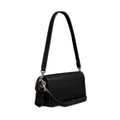 A black leather shoulder bag with a long strap and silver-tone hardware, shown from a side profile on a white background.