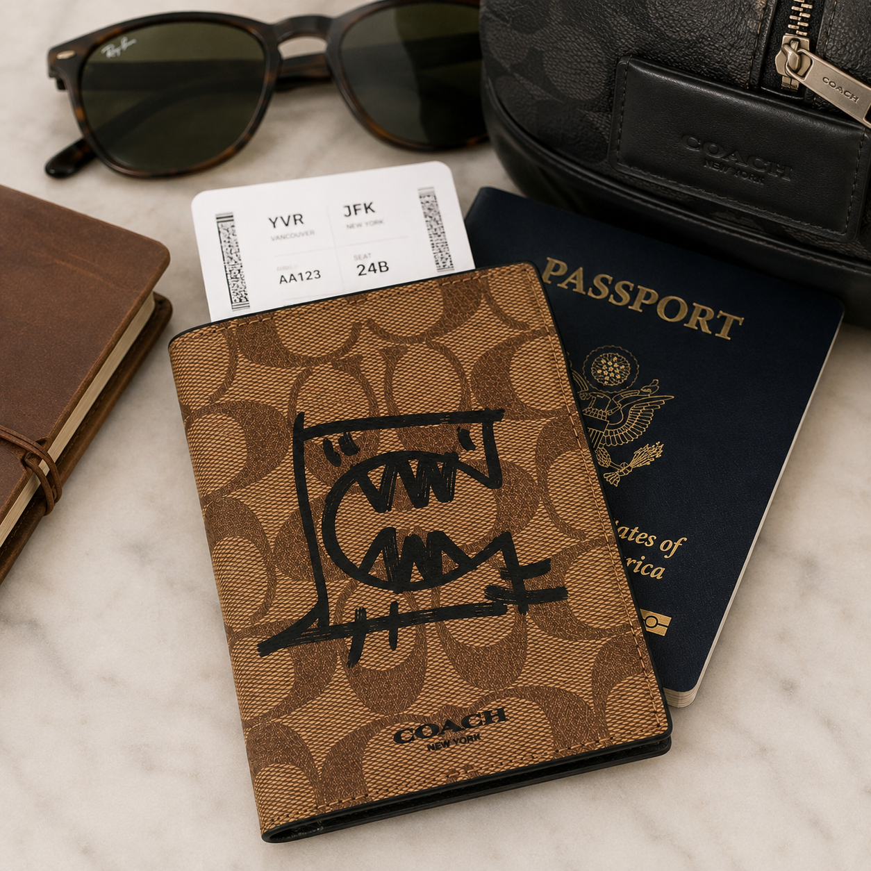 A Coach passport holder in the signature brown monogram canvas with a black graphic print, shown with a passport, boarding pass, sunglasses, notebook, and a Coach zip case on a light marble surface.