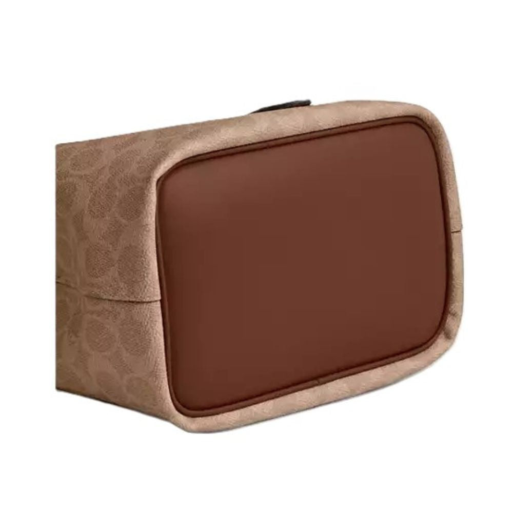 A rectangular cosmetic pouch with rounded corners, featuring a smooth dark brown front panel and a beige patterned side panel, shown on a plain white background.