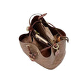 A brown textured leather handbag shown open from an overhead angle, revealing its interior compartments, zipper, and gold-tone hardware, set against a plain white background.