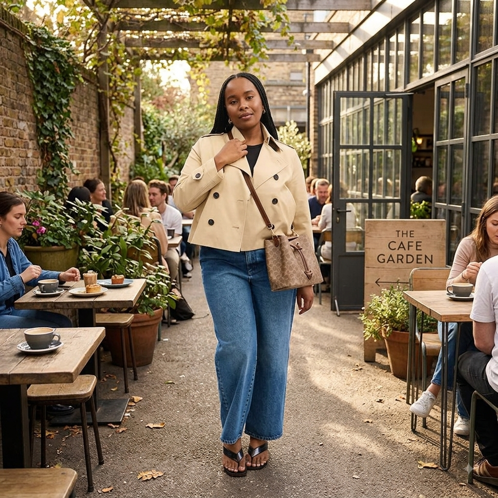 A woman walks through an outdoor cafe patio wearing a beige double-breasted blazer, blue jeans, and brown sandals, carrying a brown shoulder bag. The background shows other cafe patrons and a sign that reads 'THE CAFE GARDEN'.
