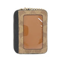 A small rectangular card holder or wallet with a tan and black patterned exterior, a black side panel, and a gold-tone chain strap across the top, shown against a plain white background.